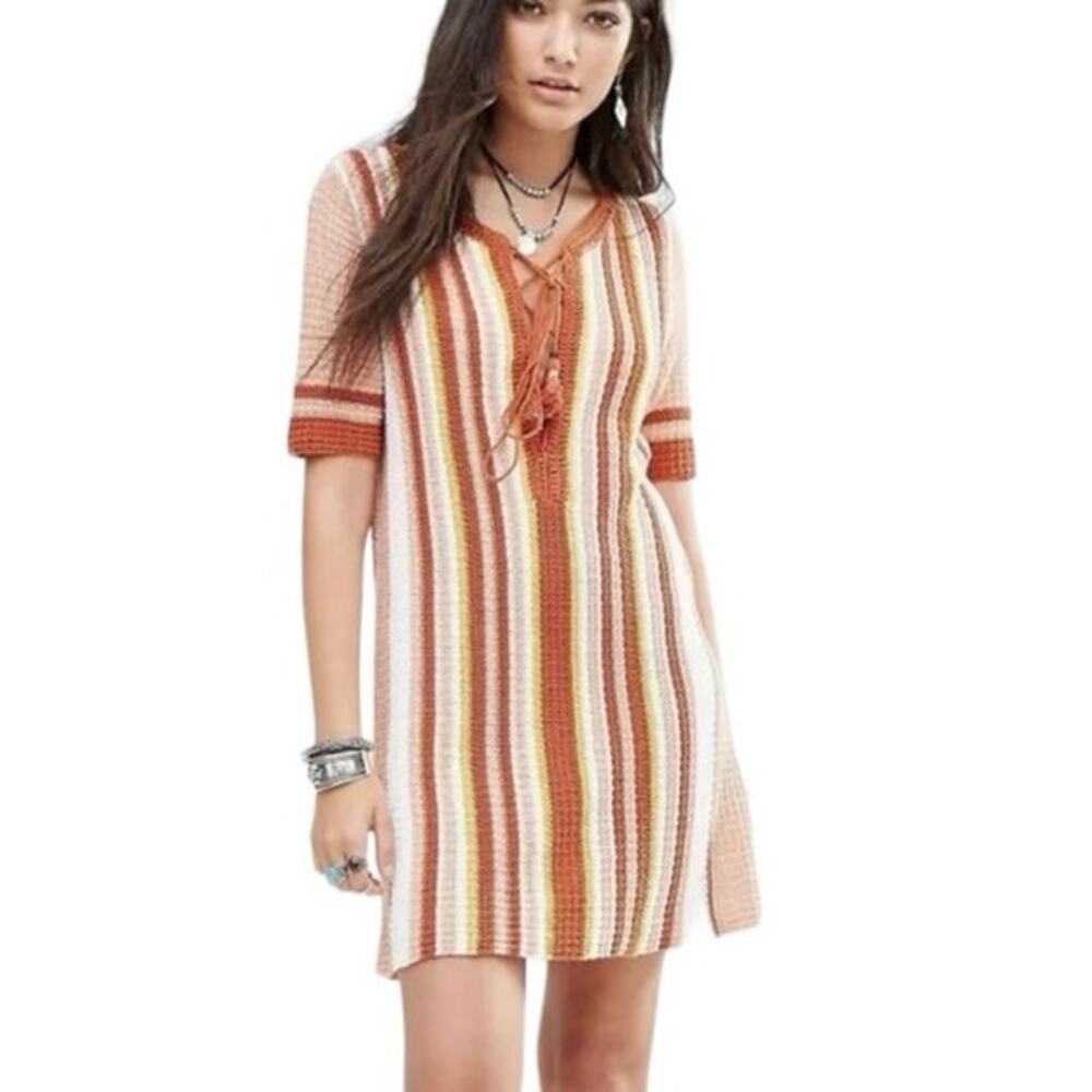 Free People Striped Mini Dress - Orange, Cream, Brown